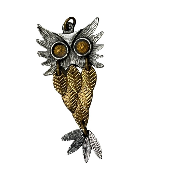 VINTAGE Owl Charm Necklace Pendent Silver Gold Dangle - Picture 3 of 5
